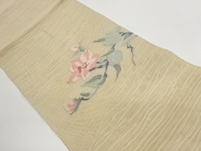 Gauze Nagoya obi woven with diagonal stripes and floral-leaf pattern